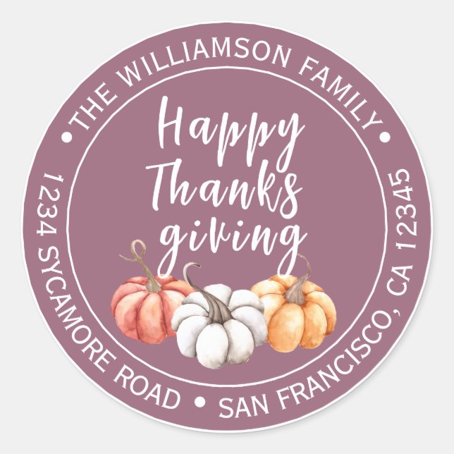 Mellow Mauve Pumpkin Thanksgiving Return Address Classic Round Sticker (Front)
