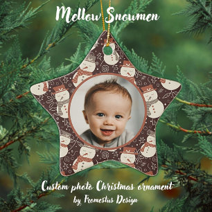 Mellow Snowmen - First Christmas photo custom. Ceramic Ornament