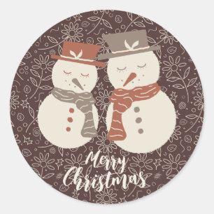 Mellow Snowmen - Merry Christmas 2 snowman red.  Classic Round Sticker