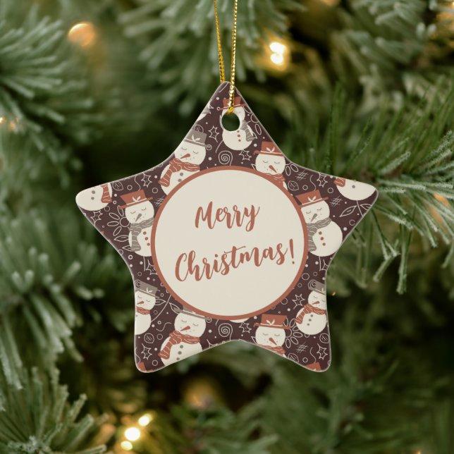 Mellow Snowmen - Merry Christmas! editable red.  Ceramic Ornament (Tree)