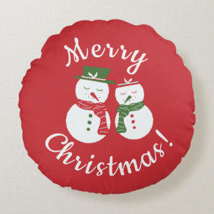 Mellow Snowmen - snowman + Merry Christmas side. Round Pillow