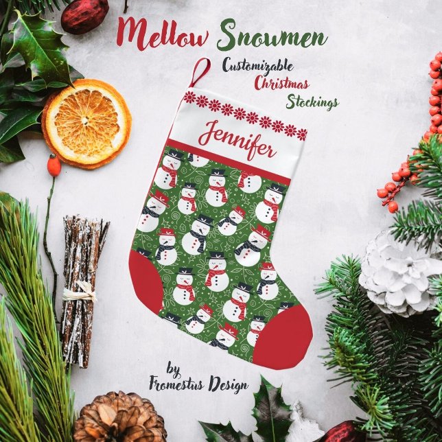 Mellow Snowmen - Xmas red on green customizable. Small Christmas Stocking (Creator Uploaded)