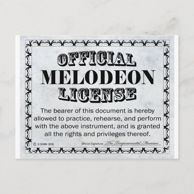 Melodeon License Postcard (Front)
