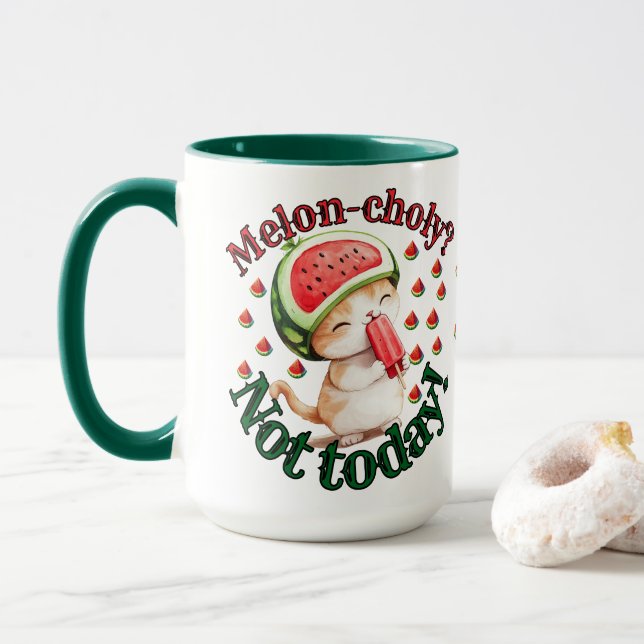 Melon-choly? Not Today! - Cute Cat with Watermelon Mug (With Donut)