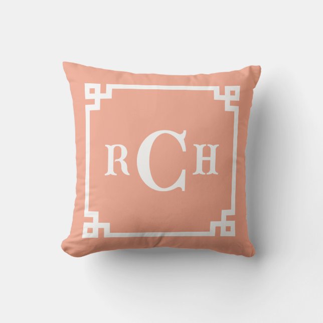 Melon Coral Reverse Chinoiserie Greek Key Monogram Throw Pillow (Front)