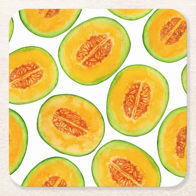 Melon slices watercolor pattern square paper coaster (Front)