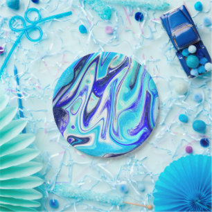 Melted Blue   Marble Fluid Art Paper Plate
