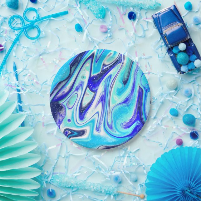 Melted Blue | Marble Fluid Art Paper Plate (Party)