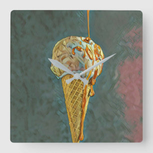 Melted chocolate ice cream cone square wall clock
