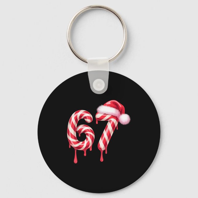 Melting Candy Cane 67 Christmas, Santa Hat Holiday Keychain (Front)