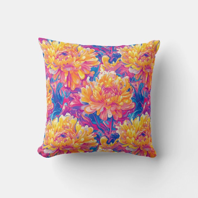 Melting Chrysanthemum Pop Art Vibrant Design Throw Pillow (Front)