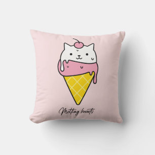 Melting Hearts – Cute Summer Ice Cream Cat Throw Pillow
