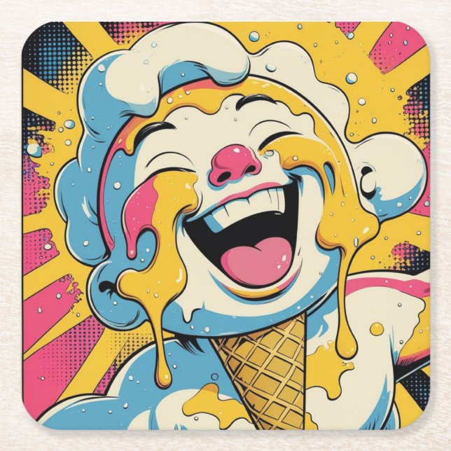 Melting Joy – Ice Cream Pop Art Explosion Square Paper Coaster (Front)