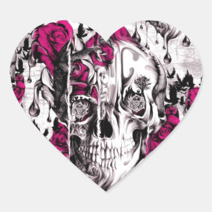 Melting Rose skull in grey and pink Heart Sticker