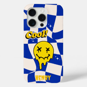 Melting Smile emoji with Blue Chequered  iPhone 15 Pro Case