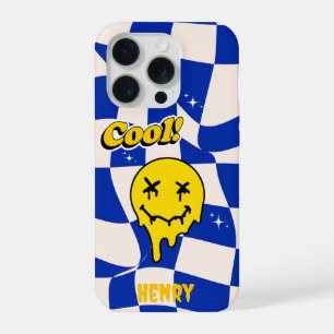 Melting Smile emoji with Blue Chequered  iPhone 15 Pro Case