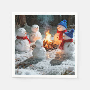 Melting Snowmen Around a Campfire Napkin