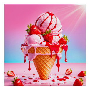 Melting strawberry ice cream cone Glossy Poster