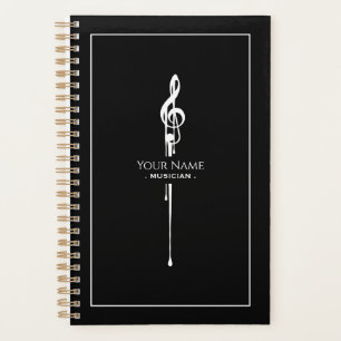 Melting White Treble Clef Classy Black Planner