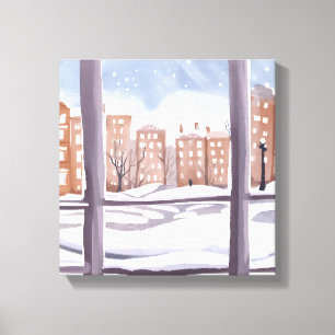 Mema’s Window   Snowy City Window Painting Canvas Print