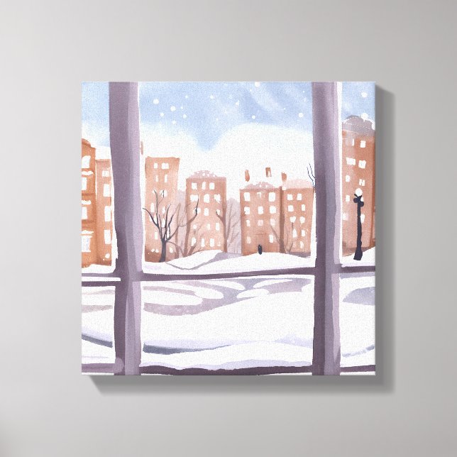 Mema’s Window | Snowy City Window Painting Canvas Print (Front)