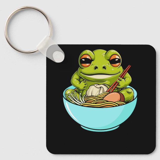 Meme Kawaii Frog Eating In Ramen Bowl Japanese Kit Keychain (Front)