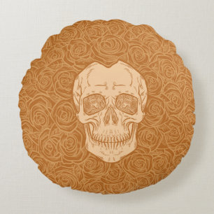 Memento Mori! Skull and Roses, Hand Drawn Round Pillow