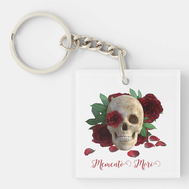 Memento Mori. Skull with red roses Keychain (Front)