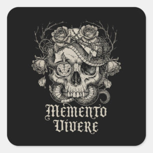 Memento Vivere Gothic Skull with Snake and Roses Square Sticker