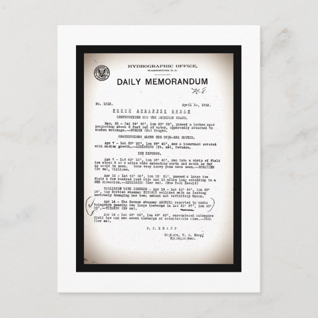 Memo from Hydrographic Office Titanic Disaster Postcard (Front)