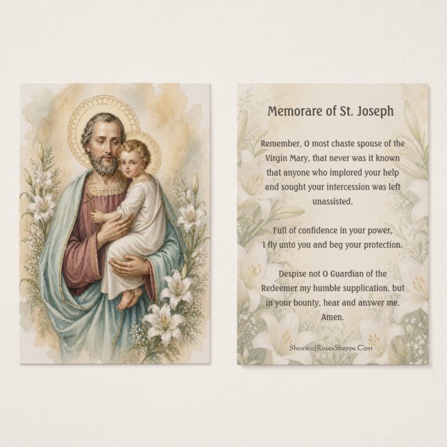 Memorare to St Joseph Lily Holy Prayer Devotion (Front & Back)