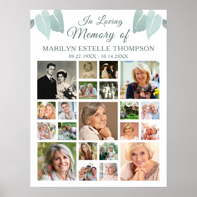 Memorial 21 Photo Collage Botanical Heart Leaves Poster (Front)