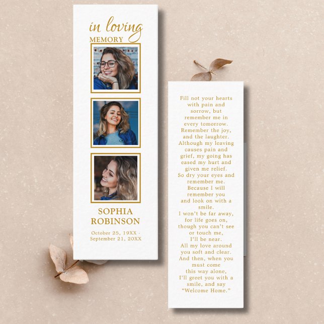 Memorial  3 Photo Gold Funeral Prayer Bookmark Mini Business Card (Creator Uploaded)