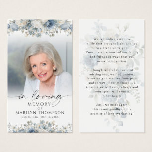 Memorial Blue Floral Photo Funeral Prayer Card