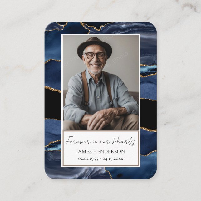 Memorial Blue Gold Stone Photo Funeral Keepsake  Business Card (Front)