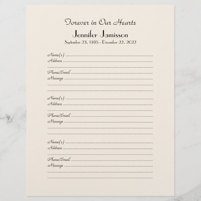 Memorial Book Binder Filler Page, Off White (Front)