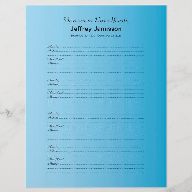 Memorial Book Filler Sign-In Page Blue Gradient (Front)