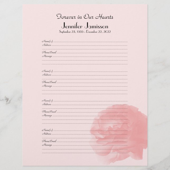 Memorial Book Filler Sign-In Page, Rose at Bottom (Front)