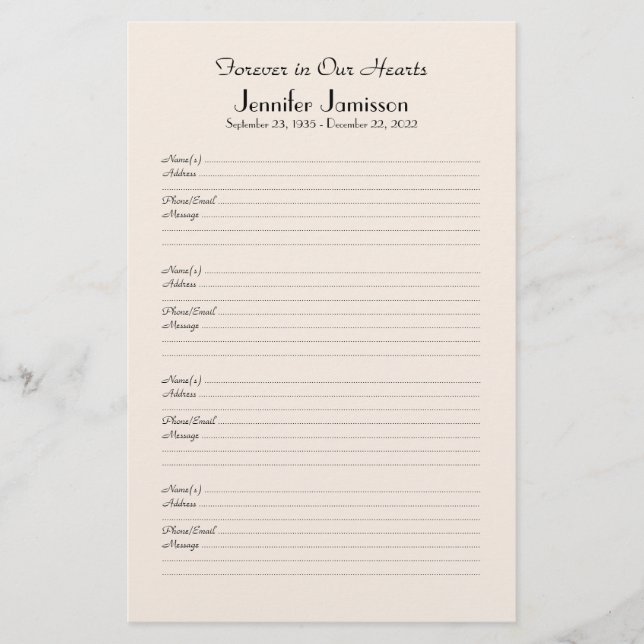 Memorial Book Mini Binder Filler Sign-In Page (Front)