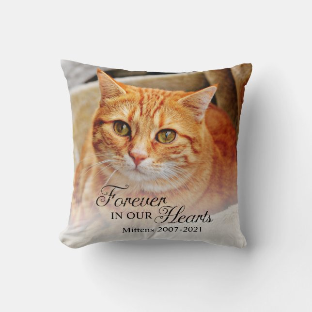 Memorial Cat Photo Forever In Our Hearts Throw Pillow (Front)