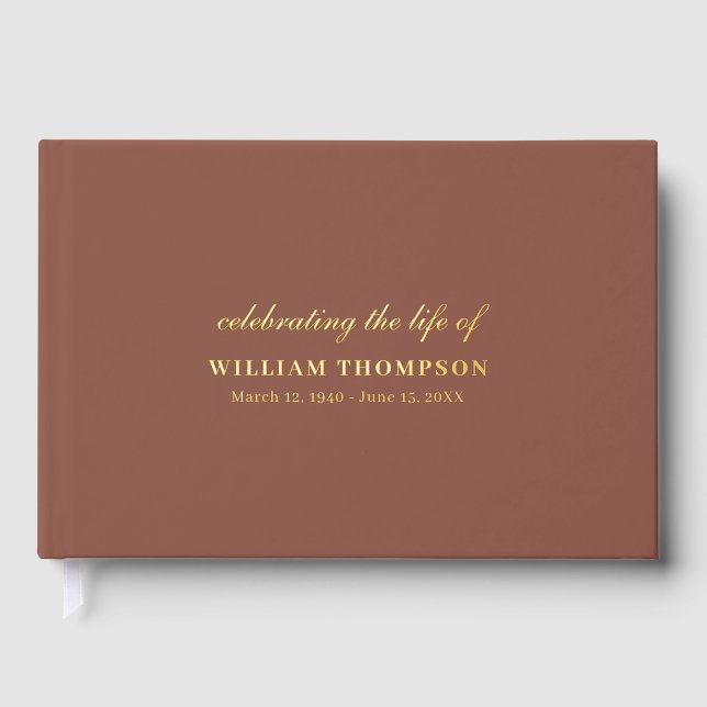 Memorial Celebrating Life Of Funeral Brown Gold Guest Book (Front)