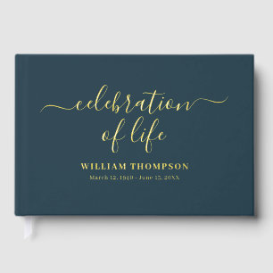 Memorial Celebrating Life Of Funeral Navy Gold Guest Book
