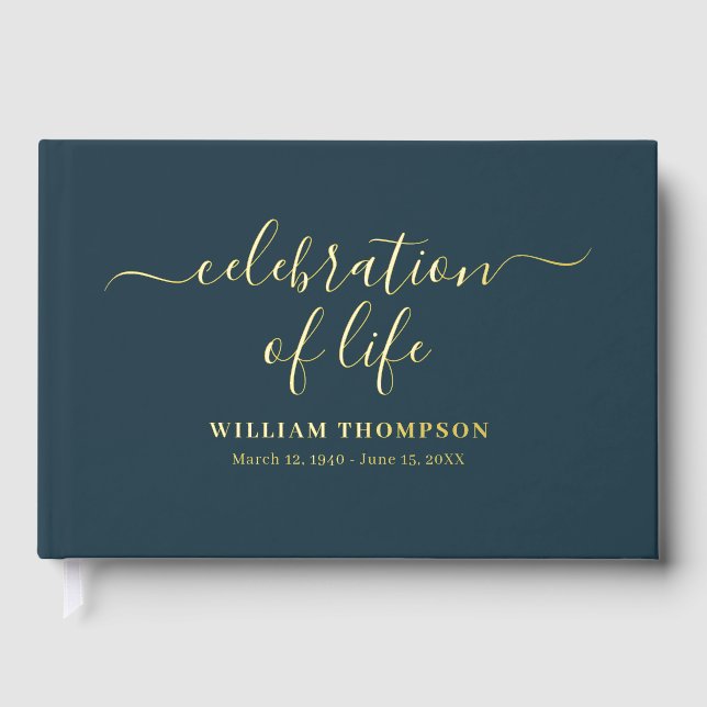 Memorial Celebrating Life Of Funeral Navy Gold Guest Book (Front)