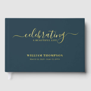 Memorial Celebrating Life Of Funeral Navy Gold Guest Book