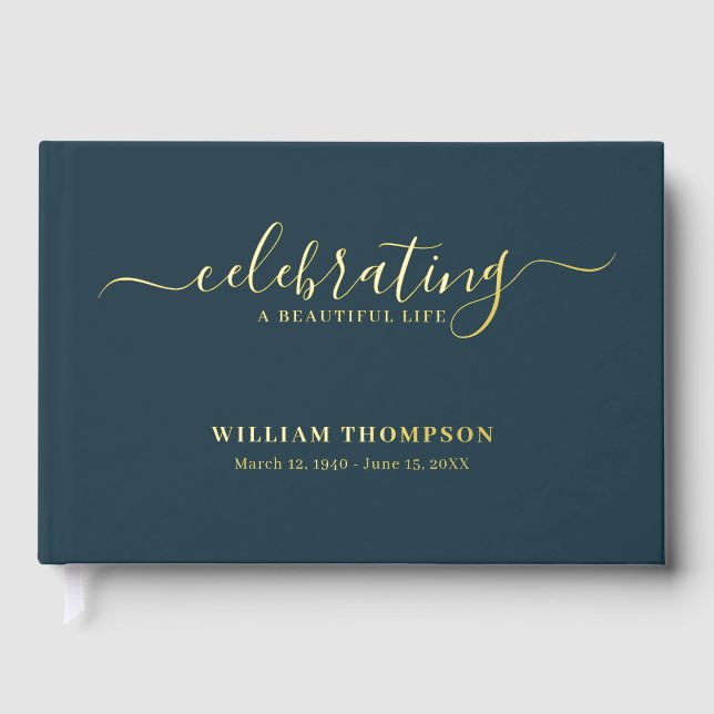 Memorial Celebrating Life Of Funeral Navy Gold Guest Book (Front)