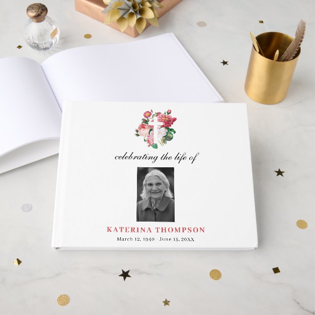Memorial Celebrating Life Of Photo Funeral Floral Guest Book (Front Open)