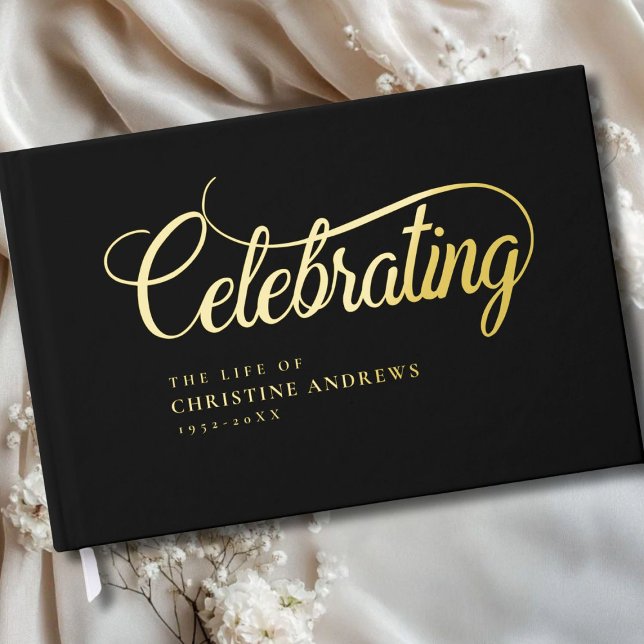 Memorial "Celebrating the life of"Gold Guest Book (Personalized, Memorial "Celebrating the life of"Gold-Foil, Foil Guest Book)