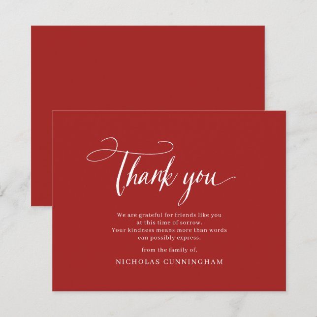 Memorial Classic Simple Cursive Typography Thank You Card (Front/Back)