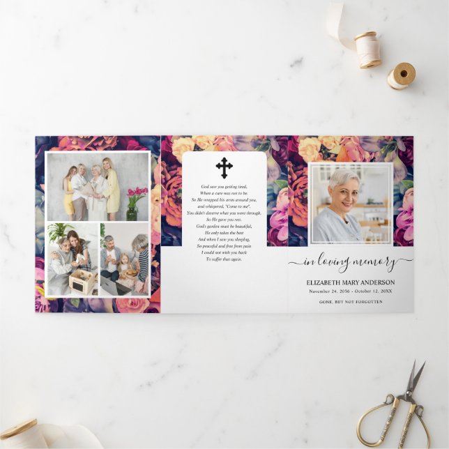 Memorial Dark Multiple Floral Funeral Tri-Fold Programme (Outside)