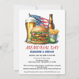 Memorial Day Burgers & Brews   Backyard BBQ Party Invitation